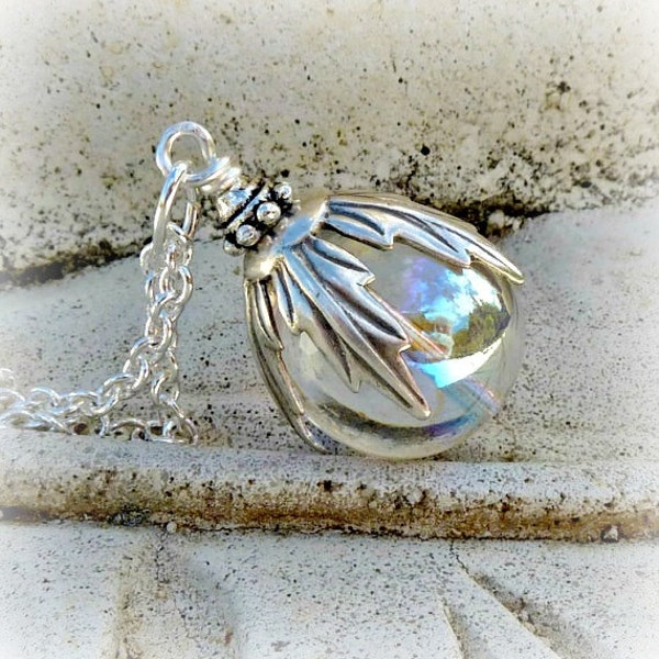 Crystal Ball Silver Pendant Necklace, Woodland, Gift for Her, Long Chain Pendant