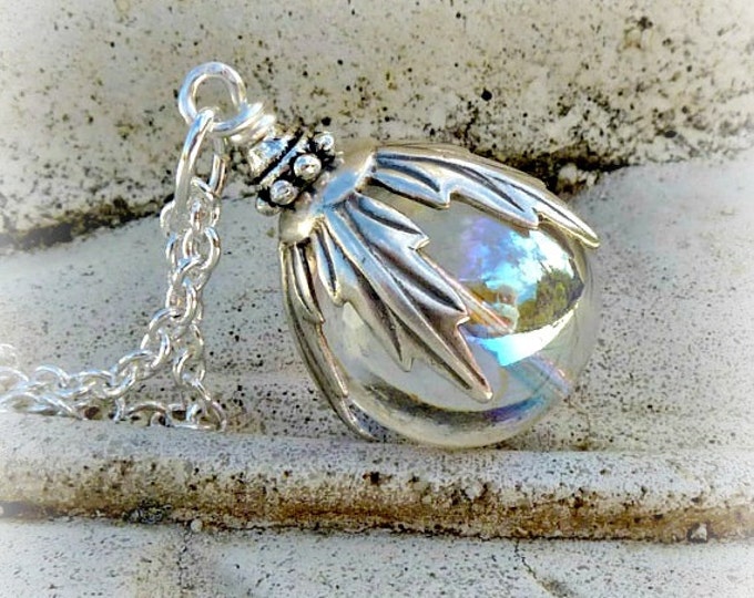 Crystal Ball Silver Pendant Necklace, Woodland, Gift for Her, Long Chain Pendant Etsy