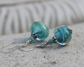 Teal Glass Earrings, Lampwork, Handmade