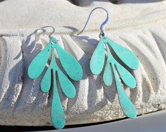 Aqua Blue Patina Leaf Earrings, Silver