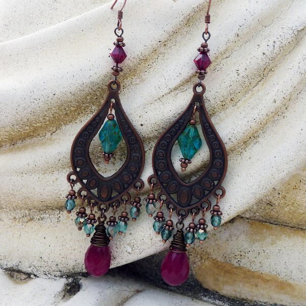 Bohemian Chandelier Earrings - Large, Antique Copper, Ruby, Briolette, Teal Czech Bohemian Glass