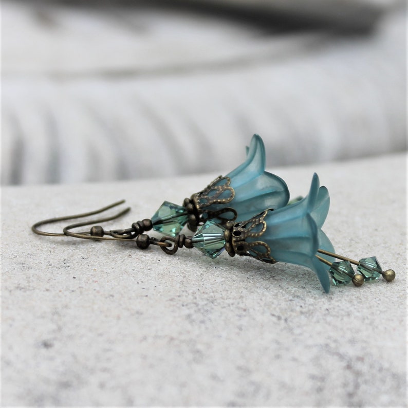 Frosted Teal Lucite Flower Earrings, Bohemian, Swarovski, Antique Brass image 9