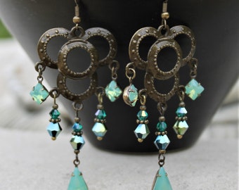 Bohemian Chandelier Earrings, Seafoam, Teal, Vintage Jewel