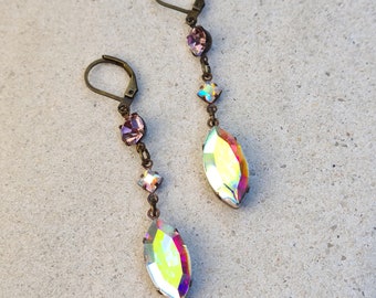 Iridescent Rainbow Crystal and Pink Geometric Vintage Jewel Earrings - Antique Brass, Crystal Dangle