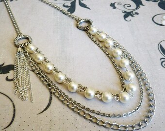 Multi Strand Necklace - Long, Layer, Glass Pearl, Antique Silver, Chain, Tassel