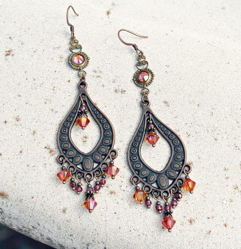 Bohemian Chandelier Earrings, Vintage Jewel, Orange Pink Earrings, Antique Copper, Boho Dangle Earrings, Clip on or Pierced image 3
