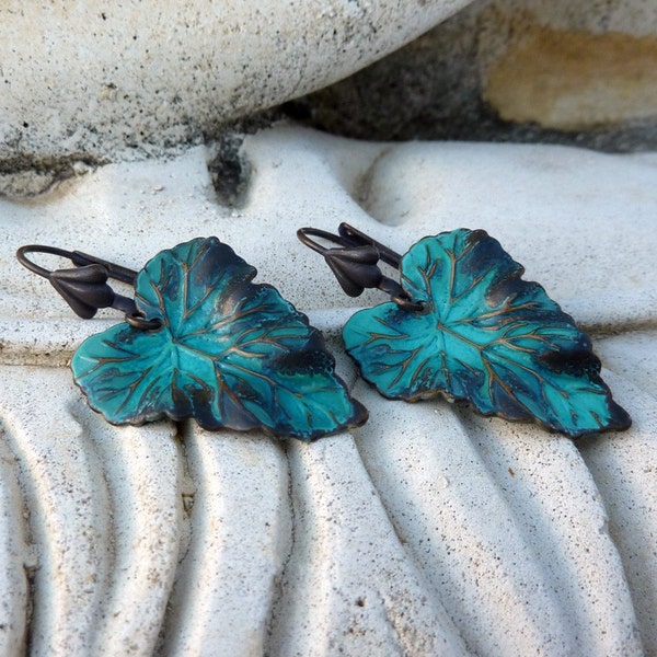 Verdigris Teal Bohemian Leaf Earrings