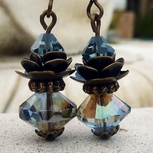 Sapphire Czech Glass Drop Earrings - Antique Brass, Swarovski Crystal, Bohemian, Blue, Flower, Gift for Her, Women's, Mother's Day