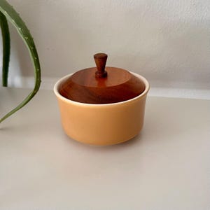 May include: A small, round, orange-colored ceramic container with a wooden lid. The lid is a dark brown color and has a small, rounded handle. The container has a white interior rim.