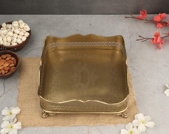 Handcrafted Antique Brass Tray: Rectangular Decorative Dish