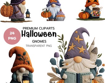 Könnte beinhalten: Eine Sammlung von Halloween-Gnom-Cliparts. Die Gnomfiguren tragen spitze Hüte und halten Kürbisse, Laternen und Bücher. Das Bild enthält den Text "Premium Cliparts Halloween Gnomes Transparent PNG" und einen rosa Kreis mit dem Text "24 PNG".
