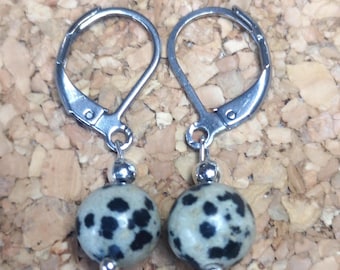 1 pair of simple, chic hanging earrings made of precious stone Dalmatian Jasper beige Ø approx. 8 mm on high-quality folding brisures made of 304 stainless steel