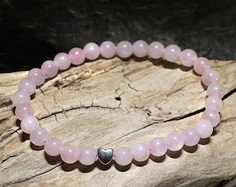 Delicate rose quartz bracelet Ø 6 mm, silver-plated heart, hypoallergenic, various sizes, children's sizes or anklet, made in Germany