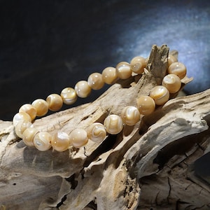 May include: A beaded bracelet featuring round, light-brown beads with a pearlescent sheen. The bracelet is resting on a piece of weathered driftwood, with a dark background.