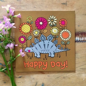 Dia feliz! Dinossauro Dino girassol margarida saudação cartão de ocasião de aniversário em branco dentro de papel reciclado