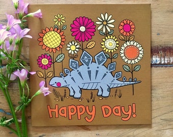Happy Day! Dinosaur Dino sunflower daisy greeting birthday occasion card blank inside recycled paper
