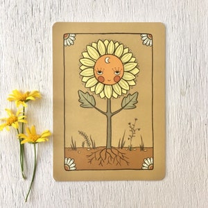 Sunflower face carte postale mini imprimer 100% recyclé papier eco encre originale Illustration vintage boho tarot céleste carte blanche florale
