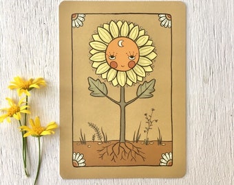 Sunflower face postcard mini print 100% recycled paper eco ink original Illustration vintage bohemian tarot celestial floral blank card