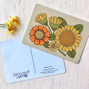 Sunflower postcard original illustration mini print 100% recycled paper retro vintage style