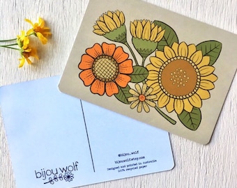 Sunflower postcard original illustration mini print 100% recycled paper retro vintage style