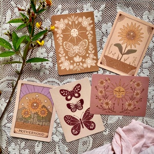 Conjunto de 5 mini-impressões postais em tons terrosos, papel 100% reciclado, borboleta da mamãe terra, girassol, A6, vintage, boho, celestial