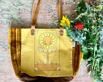 Sunflower face tote bag organic canvas original illustration vintage fabric