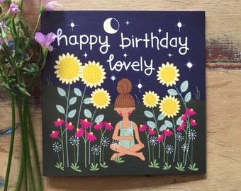 Happy birthday lovely nature girl sunflower daisy greeting birthday card for her blank inside recycled paper square