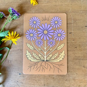 Margarida selvagem ocre cartão postal mini impressão 100% papel reciclado eco tinta original ilustração vintage botânico boho floral