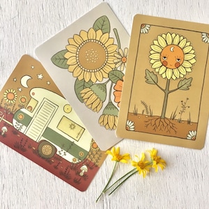 Set of 3 postcards mini prints 100% recycled paper eco ink original Illustrations mini print A6 sunflower caravan vintage bohemian celestial