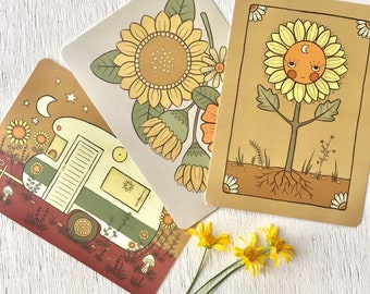 Set of 3 postcards mini prints 100% recycled paper eco ink original Illustrations mini print A6 sunflower caravan vintage bohemian celestial