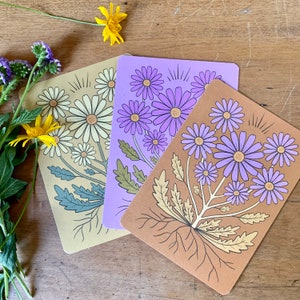 Conjunto de 3 cartões postais com margaridas selvagens em tons terrosos A6 mini estampas 100% papel reciclado tinta ecológica ilustrações originais
