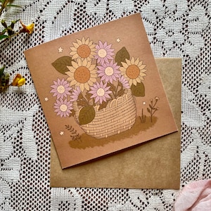 Korb mit Sonnenblumen und Gänseblümchen Blankokarte Vintage Vibes