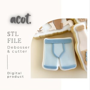 May include: Cookies decorated as men's underwear, a bottle, and a person. The underwear cookie is light blue with darker blue trim. The image also includes the text "acot", "STL FILE", "Debosser & cutter", and "Digital product".