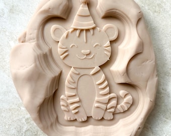 Tiger in party hat cookie stamp and cutter