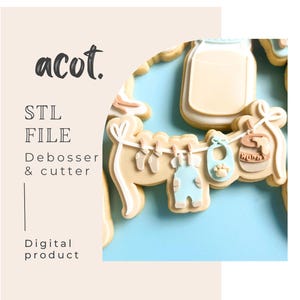 Archivo STL de sello y cortador de galletas con artículos para bebés y tarro de miel en tendedero