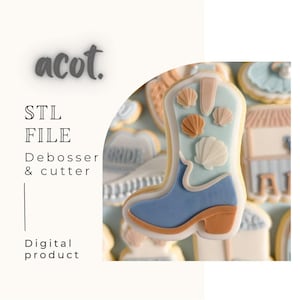 May include: A light blue cowboy boot cookie cutter decorated with seashells. The boot features a brown heel and a light blue top. The image also includes the text "STL FILE Debosser & cutter Digital product".