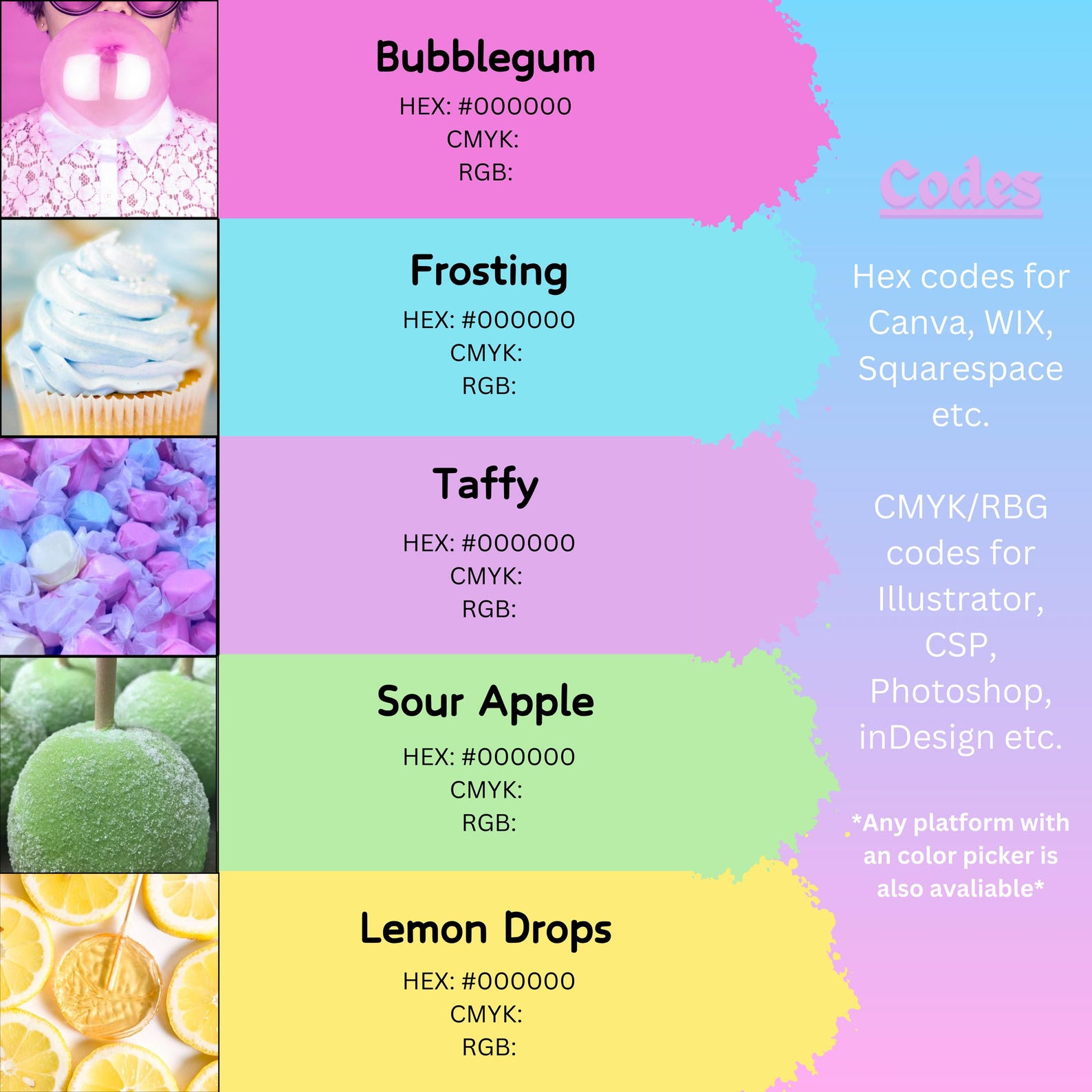 Candy Shop Color Palette: Vibrant HEX CMYK RGB Codes (digital Download ...
