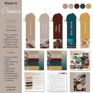 Puede incluir: Una paleta de colores con cinco muestras de colores, cada una con una imagen y un texto diferentes. Los colores son marrón, beige, azul verdoso y dorado. El texto incluye "Bookworm", "Sweater Weather", "First Coffee", "Blue Marble" y "Croissant".