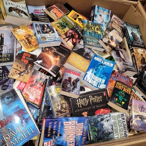 Pode incluir: Uma caixa de cart&atilde;o cheia de uma variedade de livros de bolso, incluindo fantasia, fic&ccedil;&atilde;o cient&iacute;fica e fic&ccedil;&atilde;o hist&oacute;rica. Os t&iacute;tulos vis&iacute;veis incluem "Sharpe's Assassin", "Infinity Reaper", "Battle in Venus", "Serenity", "Stranger in a Strange Land", "Harry Potter", "Black Seas of Infinity" e "Stormbringer".
