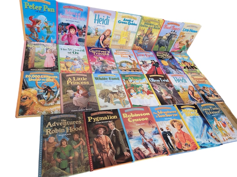 May include: A collection of 28 classic children's books, including Peter Pan, Heidi, The Wizard of Oz, and Robinson Crusoe. The books are arranged in a staggered pattern, with the spines facing the viewer. The books are all in the same style, with colourful covers and illustrations.