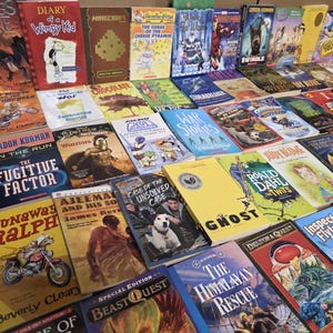 May include: A collection of children's books with colorful covers, including titles like "Diary of a Wimpy Kid," "Minecraft," and "The Fugitive Factor." The books are arranged on a surface, showcasing various genres and illustrations.