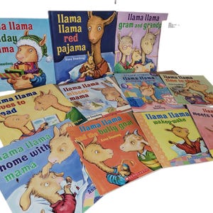 May include: A collection of 11 children's books featuring a llama character. The books have colorful covers with illustrations of llamas in various settings and activities. The titles include "Llama Llama Holiday Drama", "Llama Llama Red Pajama", "Llama Llama Misses Mama", "Llama Llama Loves to Read", "Llama Llama Time to Share", "Llama Llama Wakey-Wake", "Llama Llama Meets the Babysitter", "Llama Llama and the Bully Goat", "Llama Llama Home with Mama", "Llama Llama Gram and Grandpa", and "Llama Llama's Birthday Surprise".