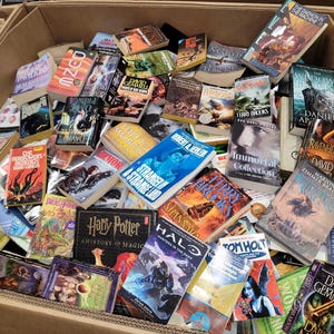 Pode incluir: Uma caixa de cart&atilde;o cheia de uma variedade de livros de bolso. Os livros s&atilde;o principalmente de fantasia e fic&ccedil;&atilde;o cient&iacute;fica, com t&iacute;tulos como "Stranger in a Strange Land", "The Chronicles of Narnia", "Harry Potter", "Dune", "The Demonata", "Ravenheart", "Immortals", "Halo" e "Shannara".