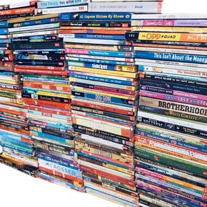 May include: A large stack of paperback books in various colors and genres. The books are arranged in rows and columns, with the spines facing outward. The titles of the books are visible, including "Al Capone Shines My Shoes", "Slocker", "Dog Gone", "This Isn't About the Money", "Easy Lost and Found", "Brotherhood", and "White Giraffe".