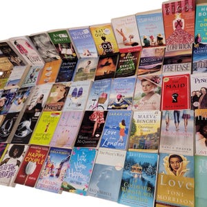 May include: A large collection of paperback books, mostly romance novels, with colorful covers and titles like "The Happy Couple", "Love Less", "Win Love in London", and "Pretense".