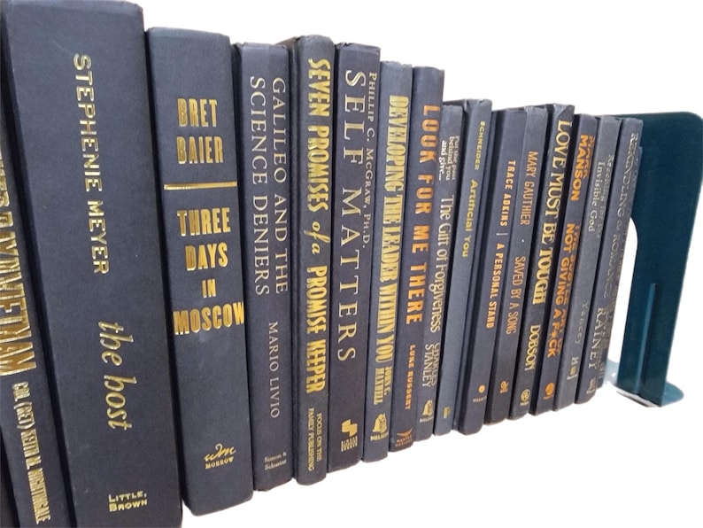 May include: A collection of black hardcover books with gold lettering on the spines. The books are arranged in a row, with the spines facing the viewer. The titles of the books include "Seven Promises of a Promise Keeper", "Self Matters", "Developing the Leader Within You", "Look for Me There", "The Gift of Forgiveness", "Artificial You", "Saved by a Song", "Not Giving a F*ck", "Love Must Be Tough", "Manson", "Invisible God", "Rainet", "Three Days in Moscow", "Galileo and the Science Deniers", "Bret Baier", "Stephenie Meyer, the host".