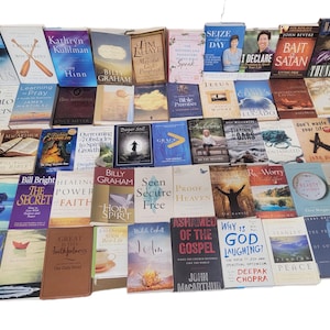 May include: A large collection of books with religious themes, including titles such as "Jesus Do Unto Others", "Learning to Pray", "The Secret", "Healing Power Faith", "Holy Spirit", "Seen Secure Free", "Proof of Heaven", "Ashamed of the Gospel", "Why is God Laughing", "Gentle Thunder", "Bait Satan", "I Declare", "Don't Waste Your Life", "The Prodigal God", and "Great is Thy Faithfulness".