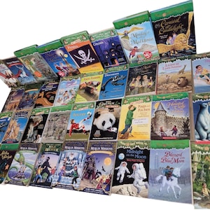 May include: A collection of 34 paperback books with colorful covers featuring various illustrations and titles. The books are arranged in a staggered pattern, with the titles facing the viewer. The books are all part of the "Magic Tree House" series.