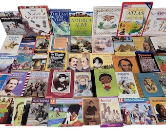 May include: A collection of over 50 children's books about American history, including titles such as "The Last 500 Years", "America Alive", "Indians of the Plains", "The Boys War", "Paul Revere", "Native Americans", "Our 50 States", "Everybody's Revolution", "The Titanic Disaster", "Abraham Lincoln", "Home Country", "Indians of the West", "World History", "Ancient History", "Recording History", "Nelson Mandela", "Truth About the Presidents", "The Brick Stops Here", "Nathan Hale", "The American Revolution", "The Rubber Girl", "Amistad", "If You Lived at the Time of the American Revolution", "Native American Heroes", "King", "Young People's Atlas of the United States", "The Boys War", "The Titanic Disaster", "Abraham Lincoln", "Home Country", "Indians of the West", "World History", "Ancient History", "Recording History", "Nelson Mandela", "Truth About the Presidents", "The Brick Stops Here", "Nathan Hale", "The American Revolution", "The Rubber Girl", "Amistad", "If You Lived at the Time of the American Revolution", "Native American Heroes", "King", "Young People's Atlas of the United States".