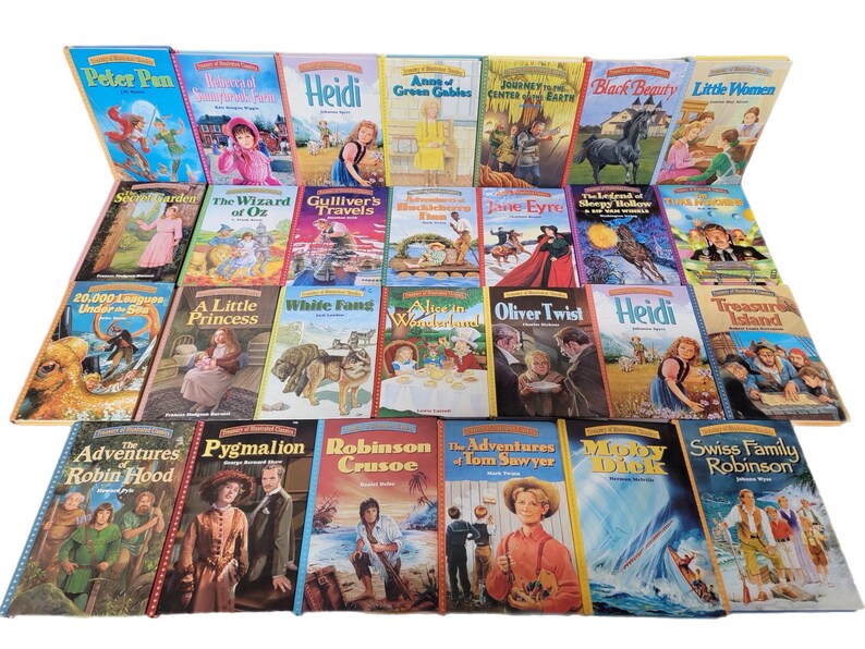 May include: A collection of 28 classic children's books with colourful covers featuring illustrations of characters from the stories. The books include titles like "Peter Pan", "Heidi", "Anne of Green Gables", "The Wizard of Oz", "Gulliver's Travels", "Treasure Island", and "Robinson Crusoe".